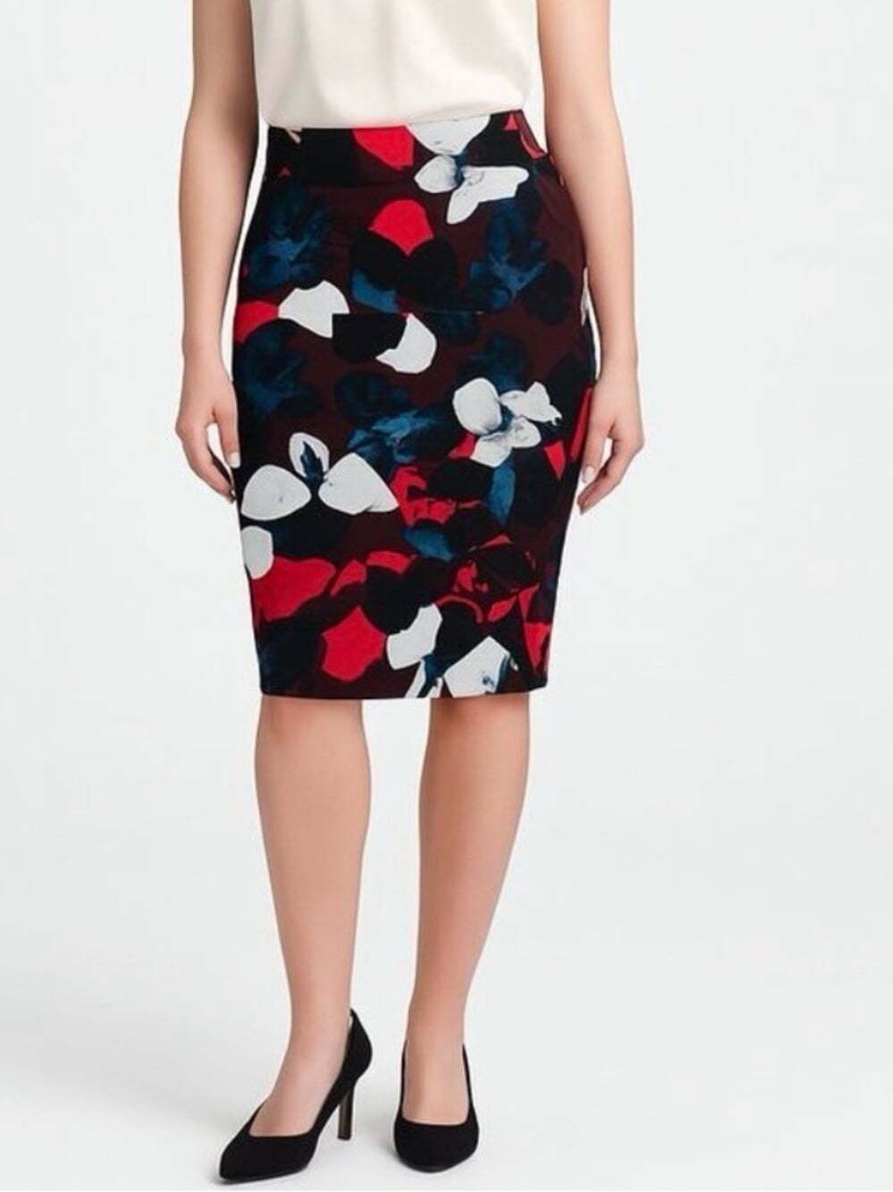 Lord & Taylor Floral Skirt 8 Black Pencil Color Pop Mid Rise Below Knee Classic